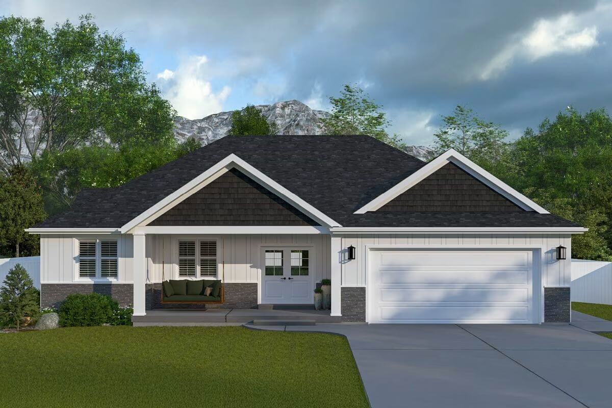 Traditional Ranch-Style Home with Front Porch and 3 Clustered Bedrooms (Floor Plan)