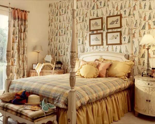 Vintage Bedroom with Charming Patterned Wallpaper