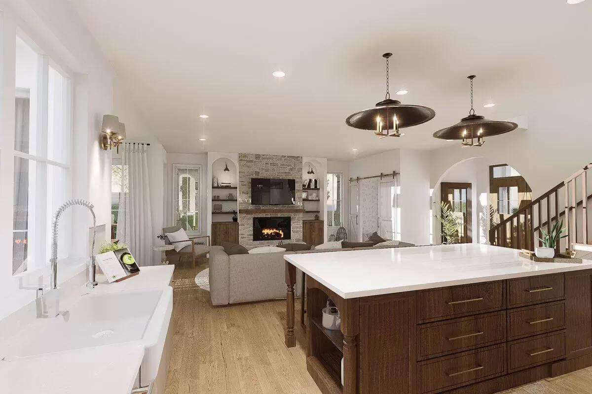 Expansive Living Room with a Cozy Stone Fireplace at Its Heart