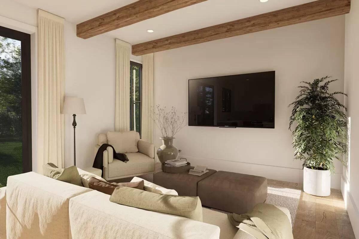 Discover This Relaxed Living Room Highlighting Wooden Ceiling Beams