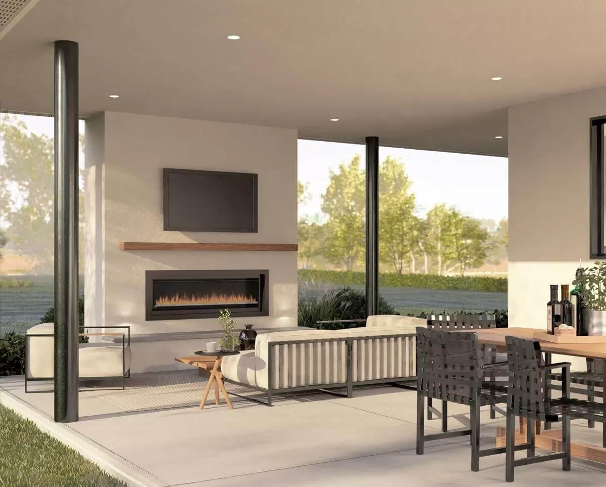 Explore This Outdoor Living Room with a Modern Fireplace Centerpiece