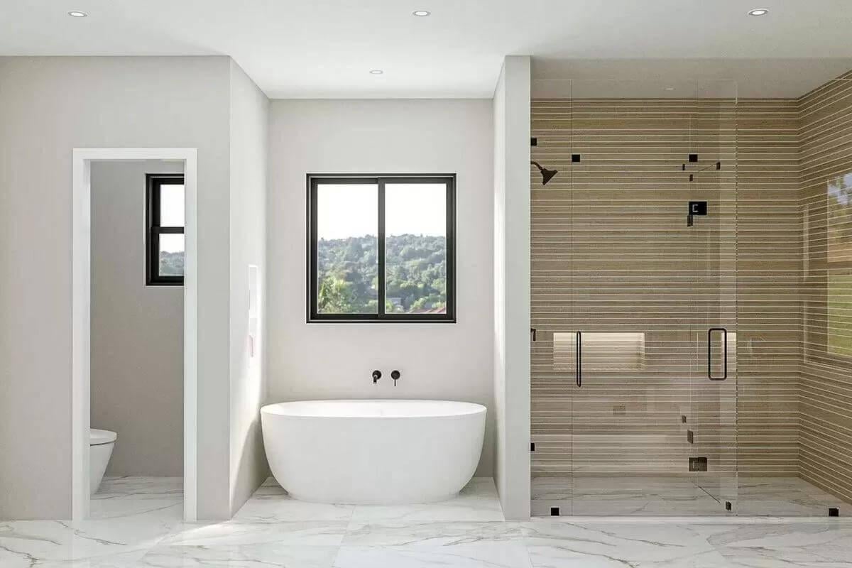 Minimalist Bathroom with Freestanding Tub and Scenic View