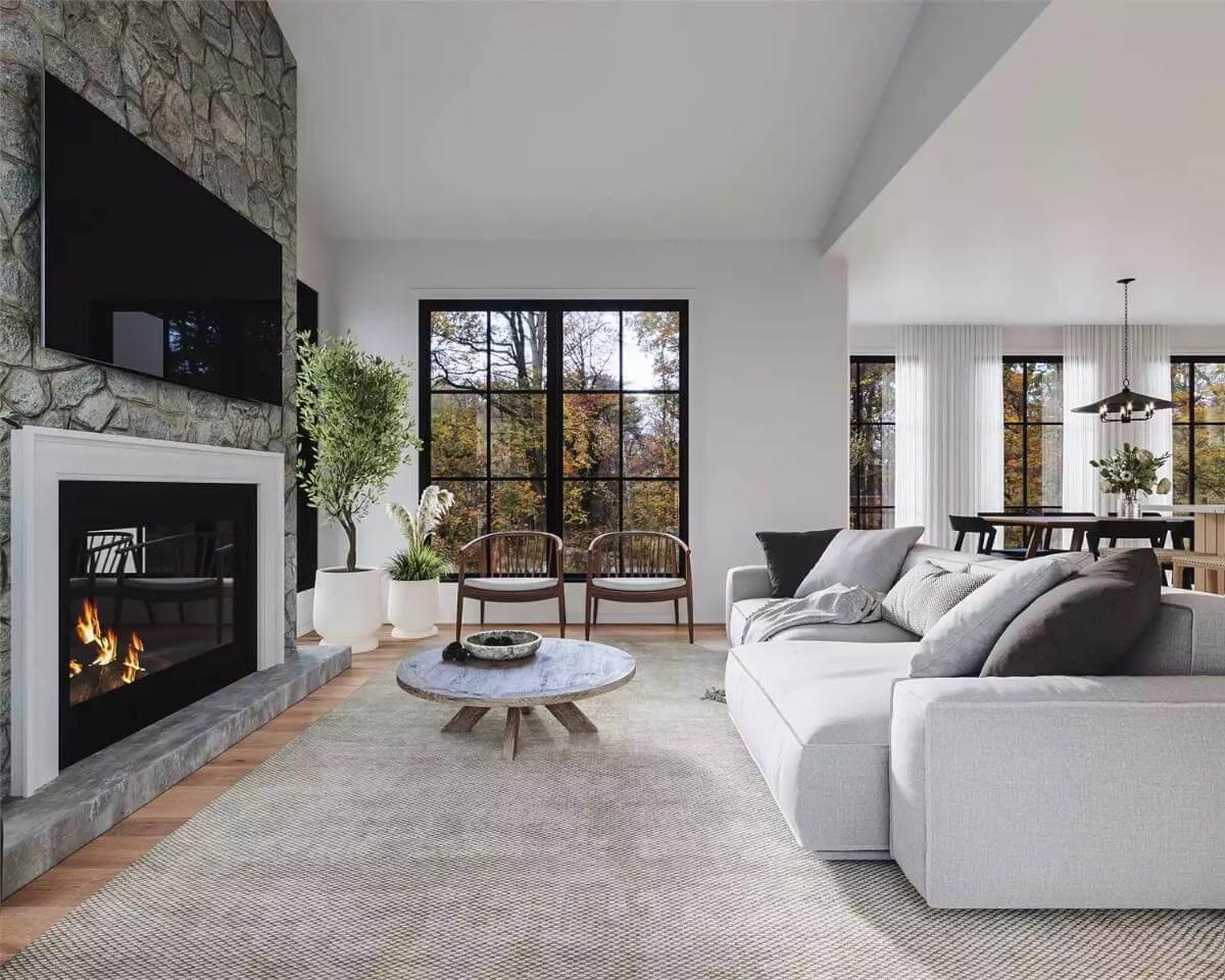 Notice the Stone Fireplace Anchoring This Modern Living Room