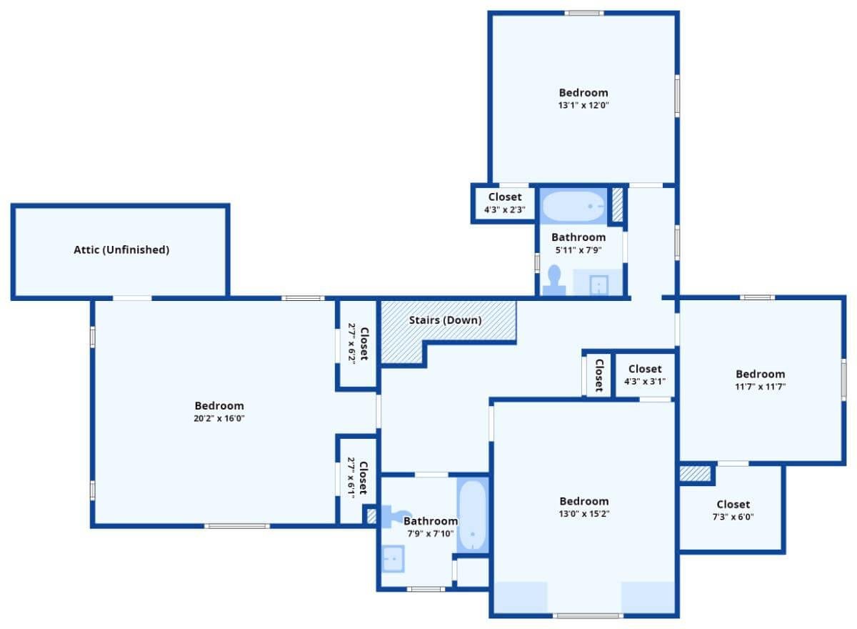 Practical Upper Floor Design with Unfinished Attic for Expansion