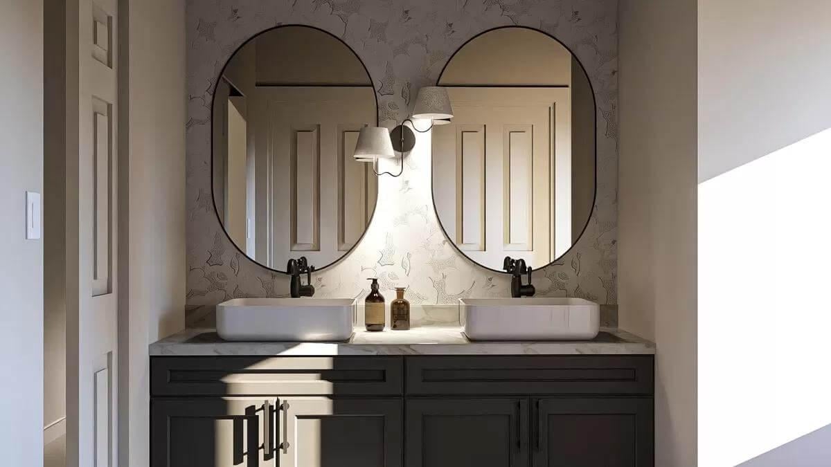 Sleek Bathroom Vanity with Dual Sinks and Oval Mirrors
