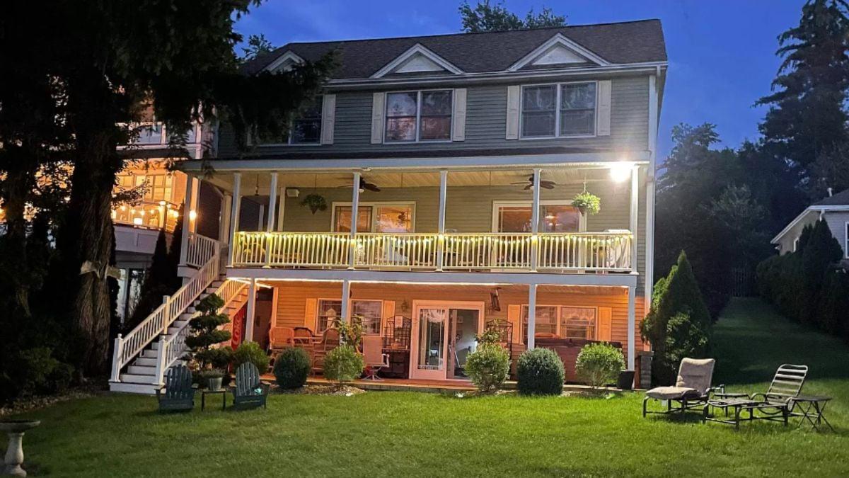 Evening Glow on the Double Veranda with String Lights