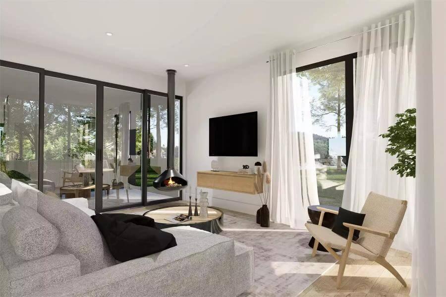 Relax by the Floating Fireplace in this Light-Filled Living Area