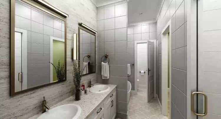 Dual Mirrors and Sleek Fixtures in a Modern Bathroom