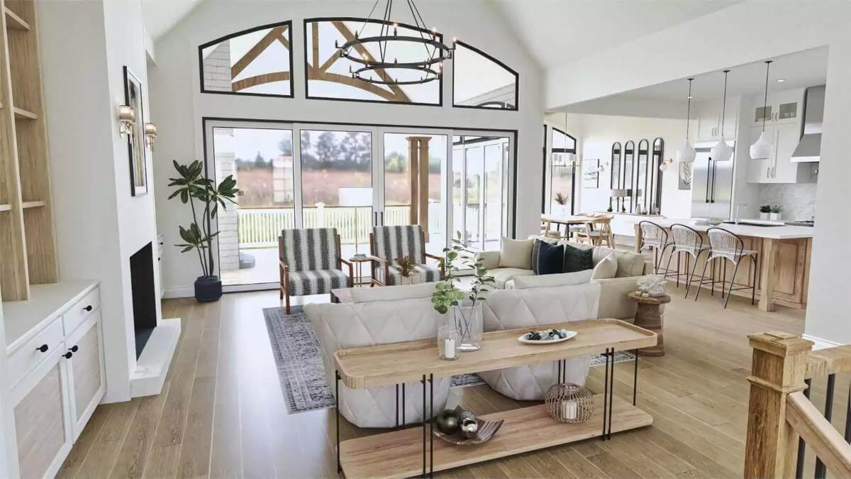 Seamless Living Room and Kitchen Design with Striking Truss Detail