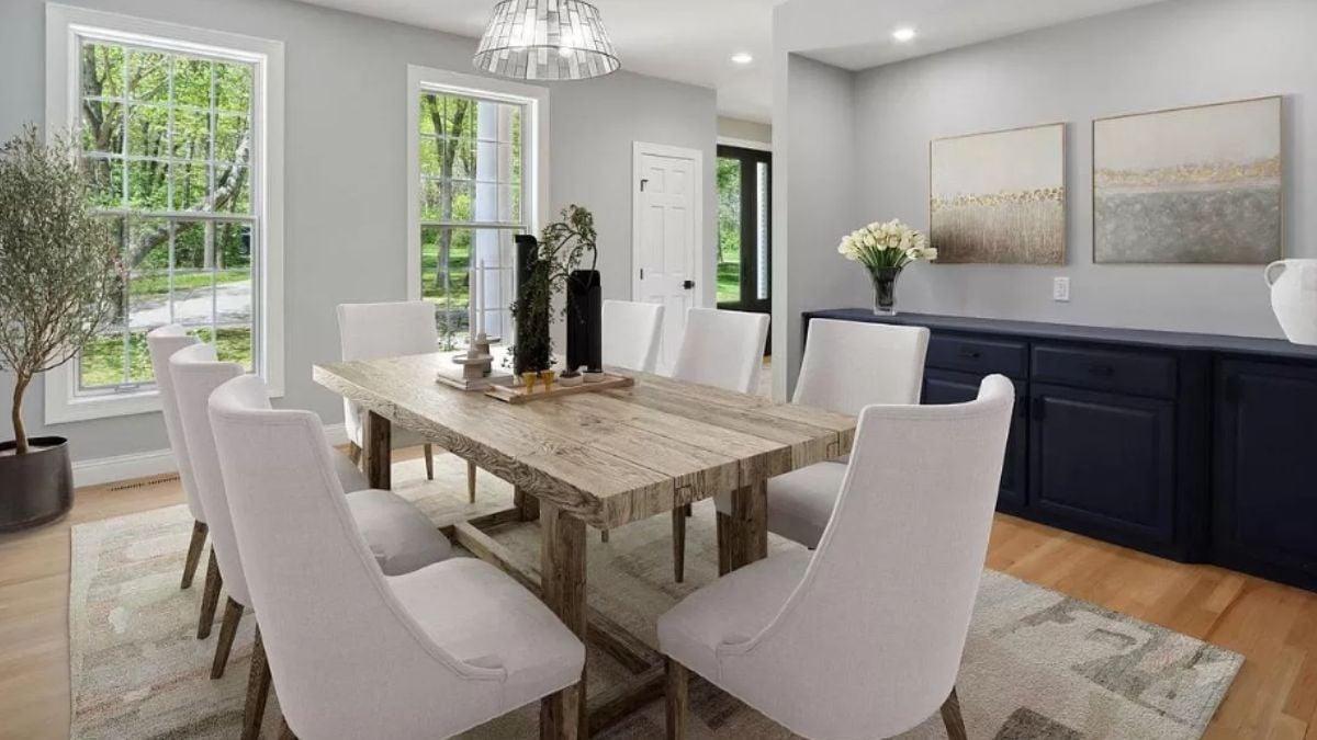 Rustic Dining Room with Modern Flair and Navy Buffet
