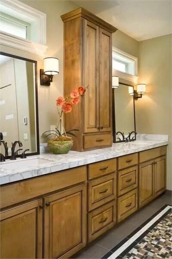 Dual Vanity Delight with Tall Cabinet Storage in this Craftsman Bathroom