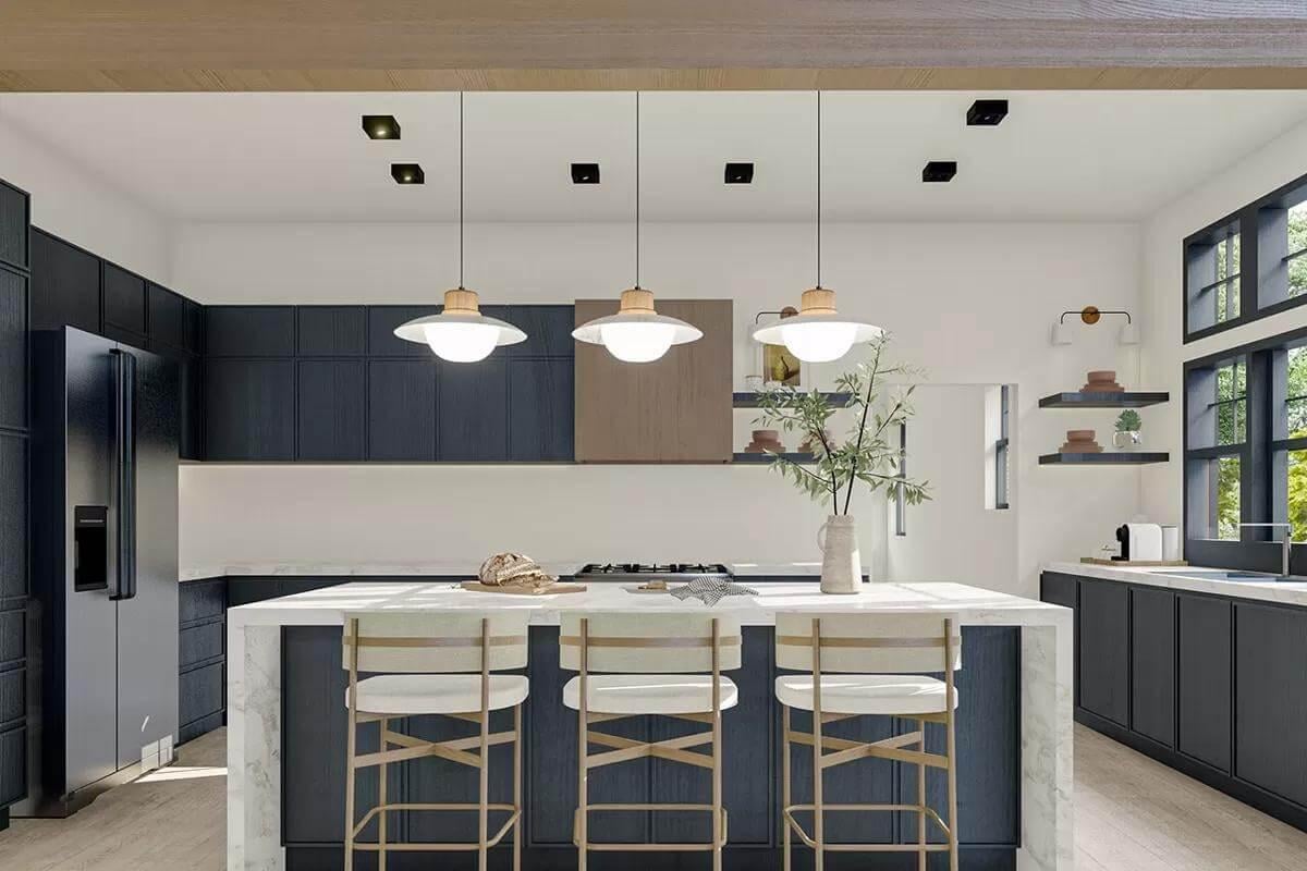 Sleek Kitchen Design Highlights Geometric Pendant Lights