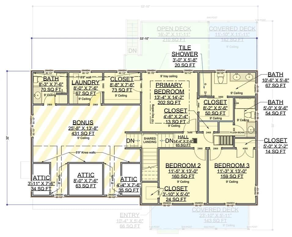 Upper Floor Layout with a Spacious Bonus Room and Deck Access
