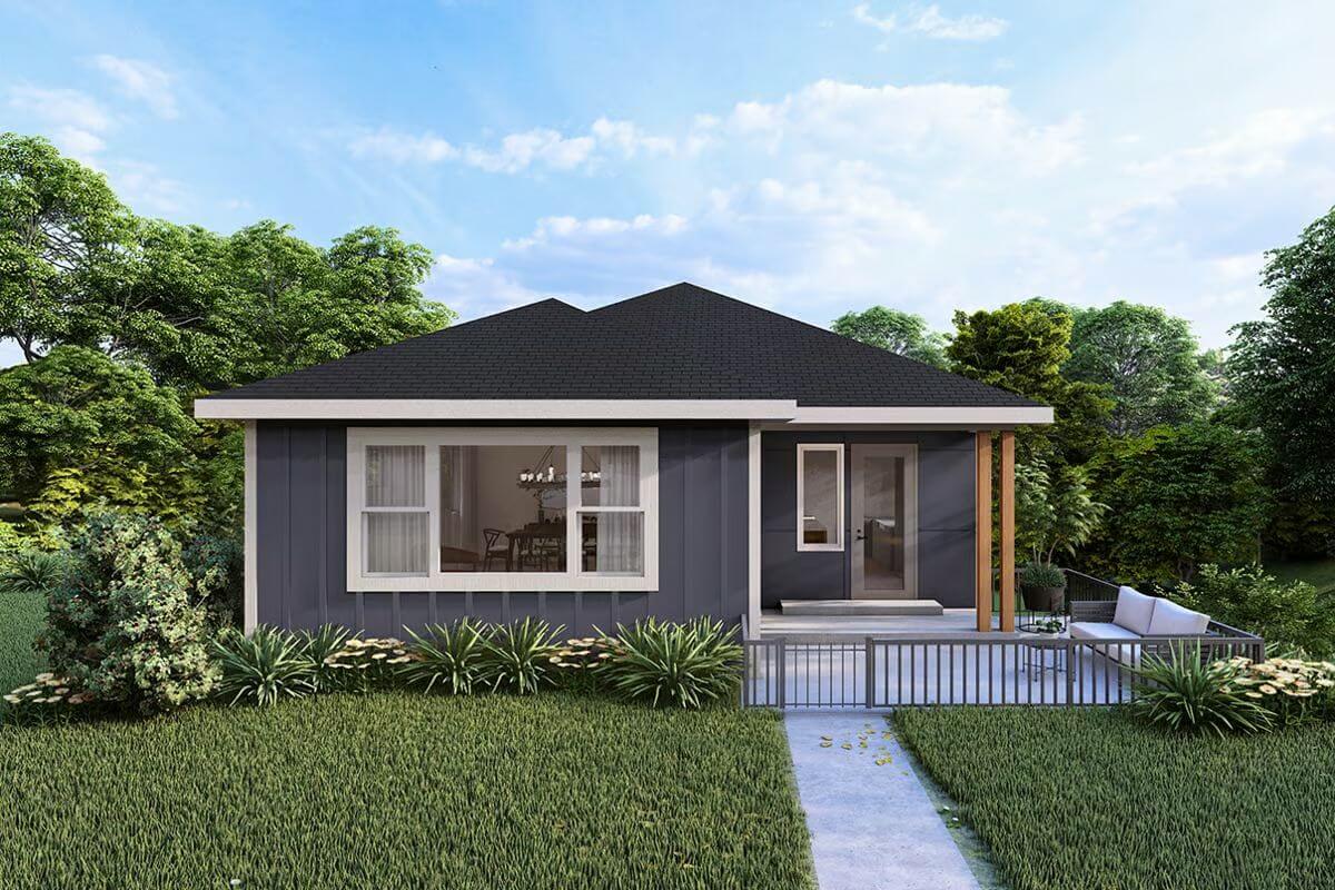 Prairie-Style 3-Bedroom Home with Entry Courtyard and Drive-Under Garage (Floor Plan)