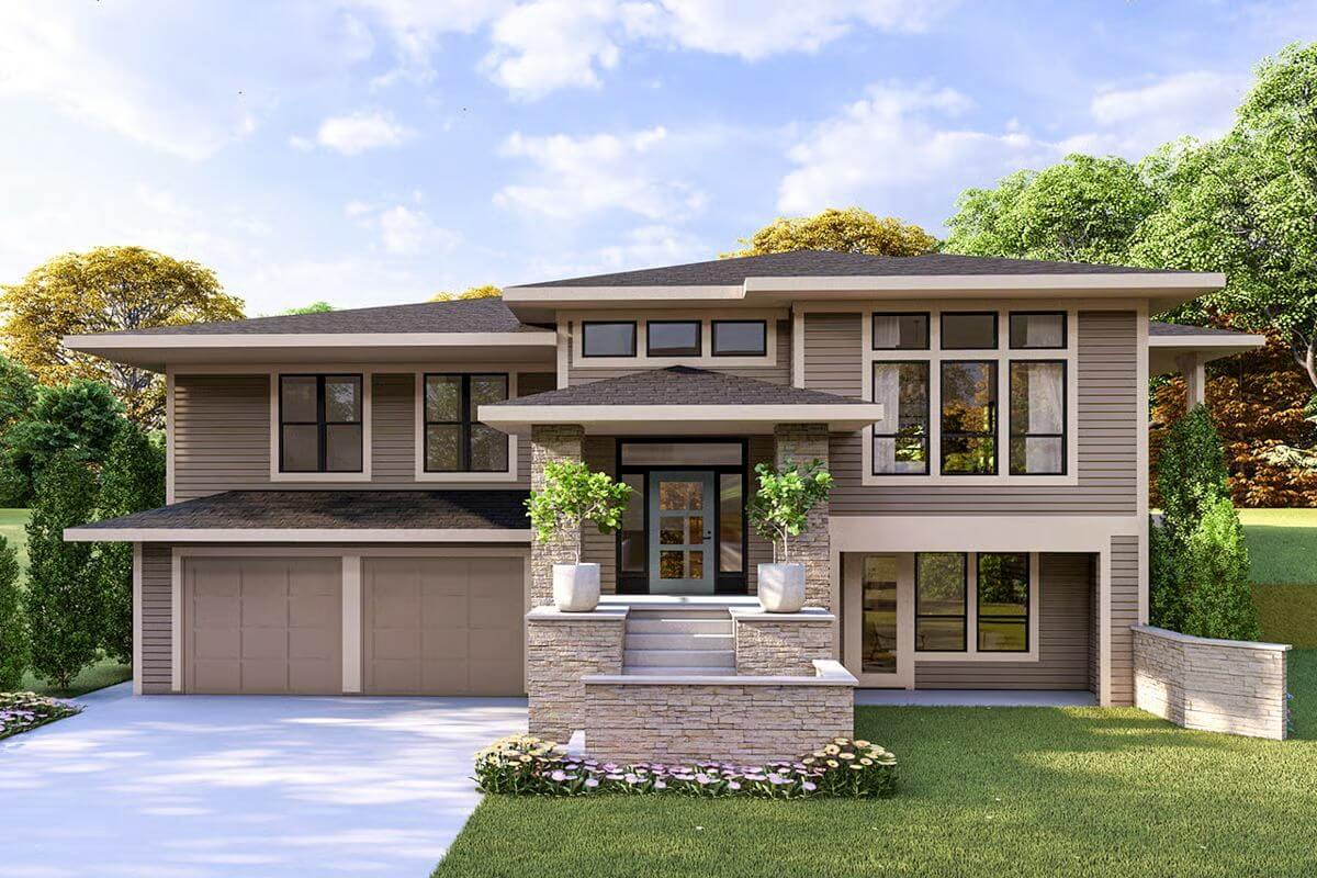 4-Bedroom Modern-Style Home for a Front-Sloping Lot with In-Law Suite (Floor Plan)