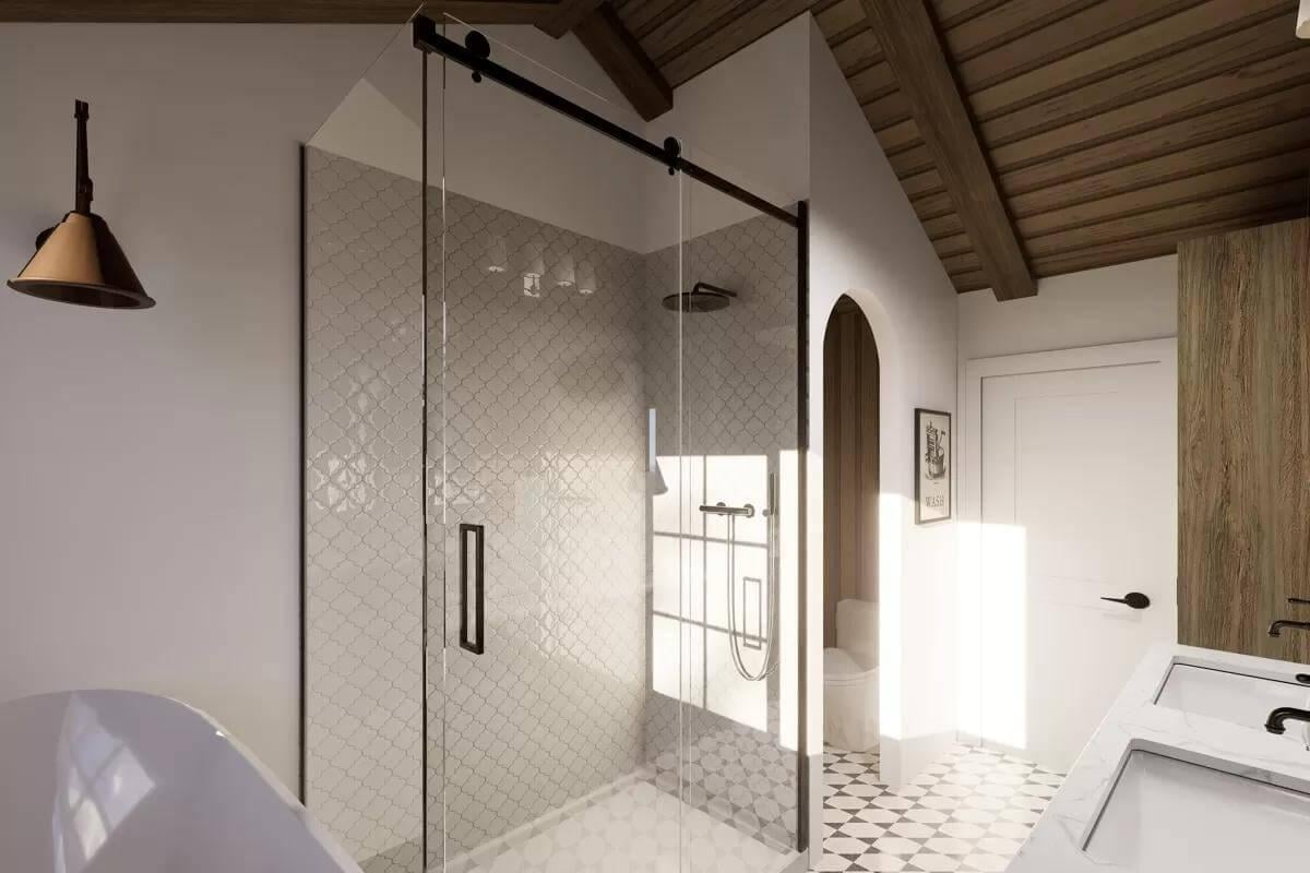 Notice the Rustic Beamed Ceiling in This Stylish Bathroom