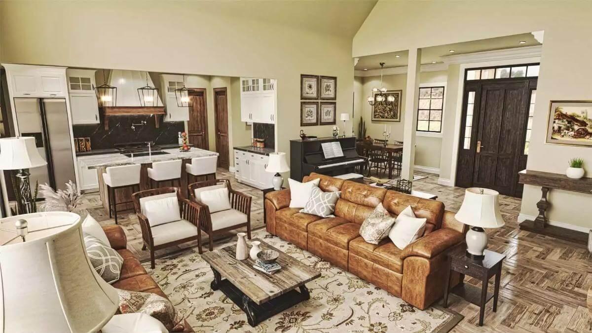 Open-Concept Living Room Balancing Warmth with Eclectic Textures