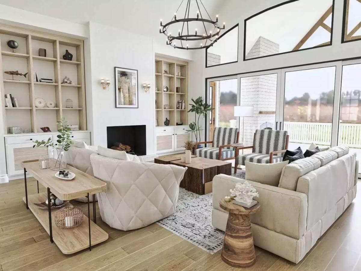 Expansive Windows and Built-In Shelves Define This Bright Living Room