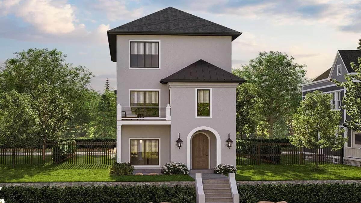 Modern Three-Story Home with Distinctive Front Porch and Arched Entry