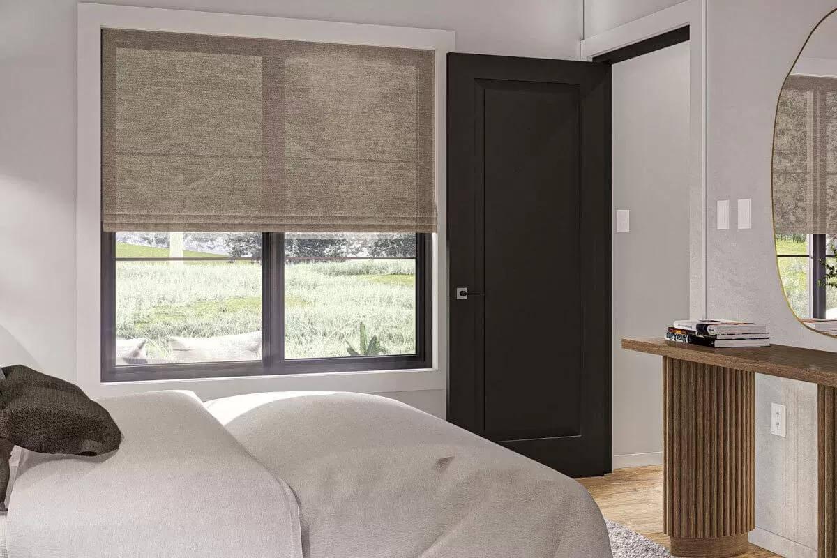 Simple Bedroom Elegance with Large Window and Textured Blinds