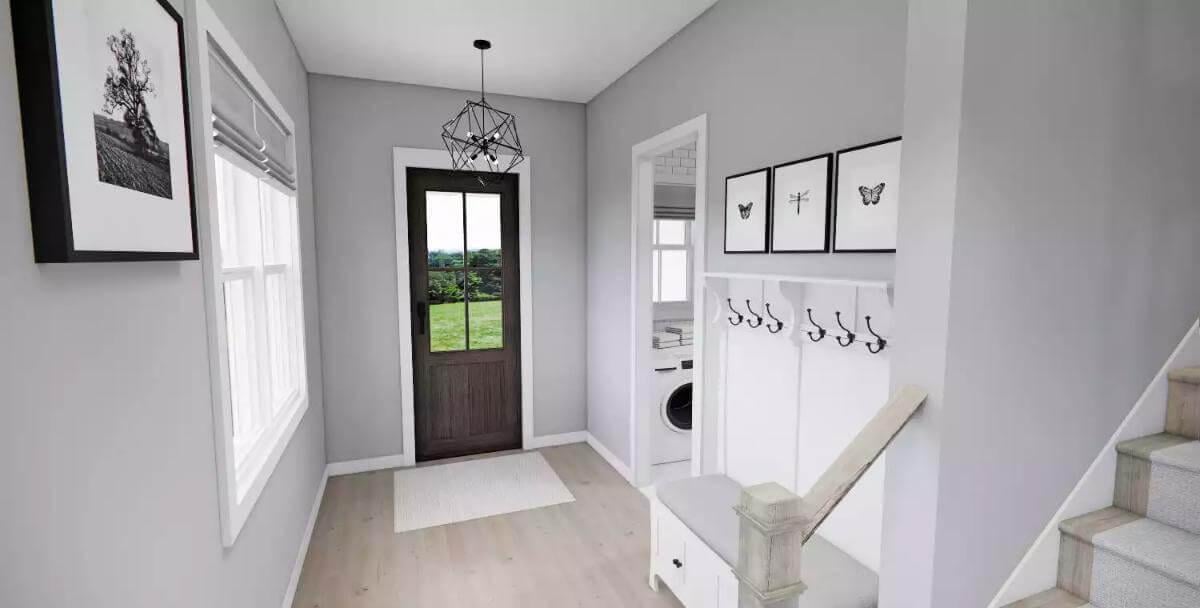 Step Inside This Stylish Mudroom with Geometric Lighting and Functional Bench