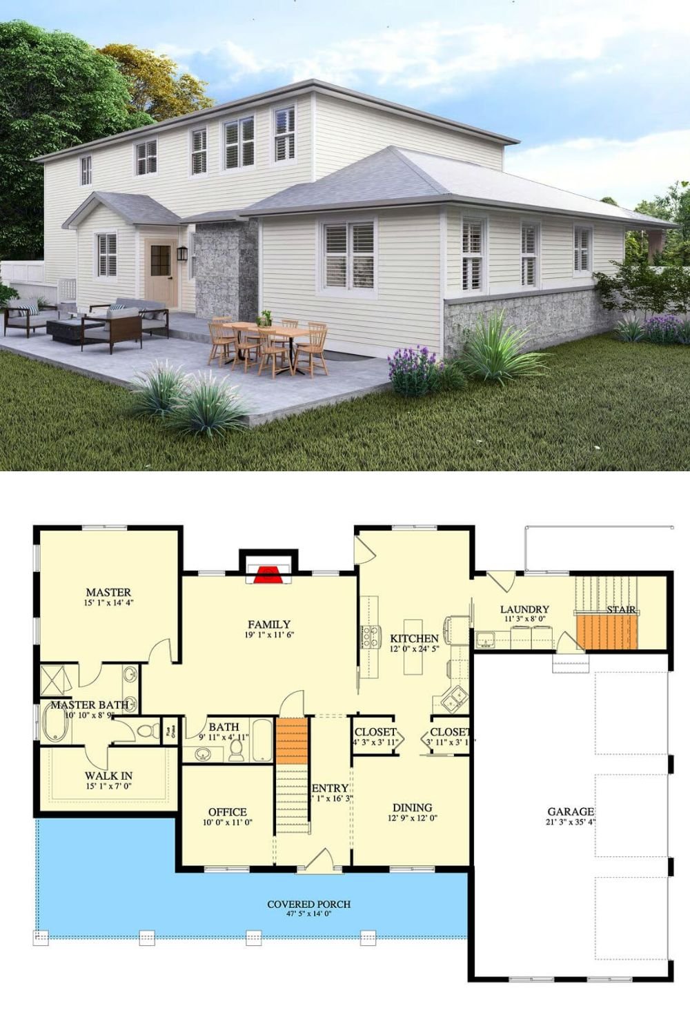 This traditional two-story home showcases classic architectural styling with a contemporary twist. Its light-toned siding paired with a gently sloped hipped roof offers a clean and timeless curb appeal. The blend of vertical and horizontal lines along with the modest stone accent surrounding the entrance adds texture and character to the otherwise simple exterior. Expansive windows contribute to the home's bright and welcoming presence, and a spacious rear patio provides an ideal setting for outdoor living.