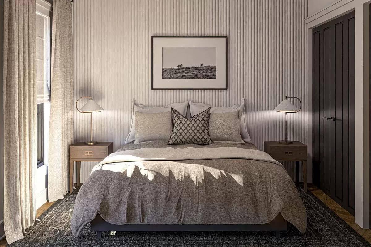 Cozy Bedroom with Texture-Rich Wall and Ambient Lighting