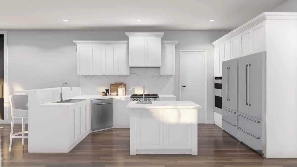 Bright Kitchen with Sleek Appliances and Marble Touches