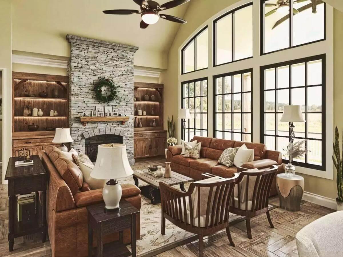 Notice the Vaulted Ceiling and Floor-to-Ceiling Windows in This Cozy Living Room