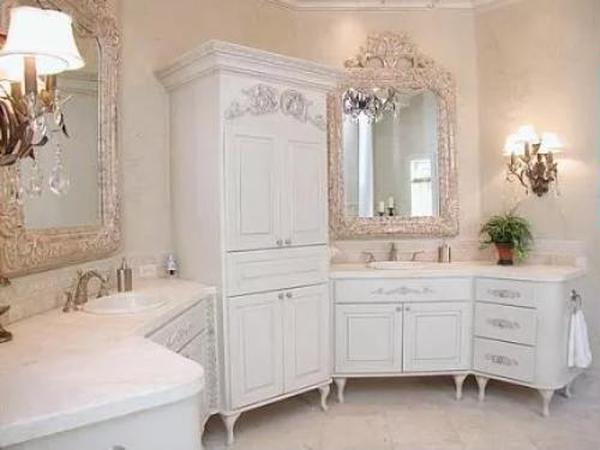 Appreciate the Ornate Mirrors and Classic Vanity Designs in This Elegant Bathroom