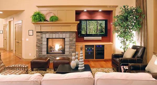 Living Room with Stone Fireplace and Built-Ins for Cozy Gatherings