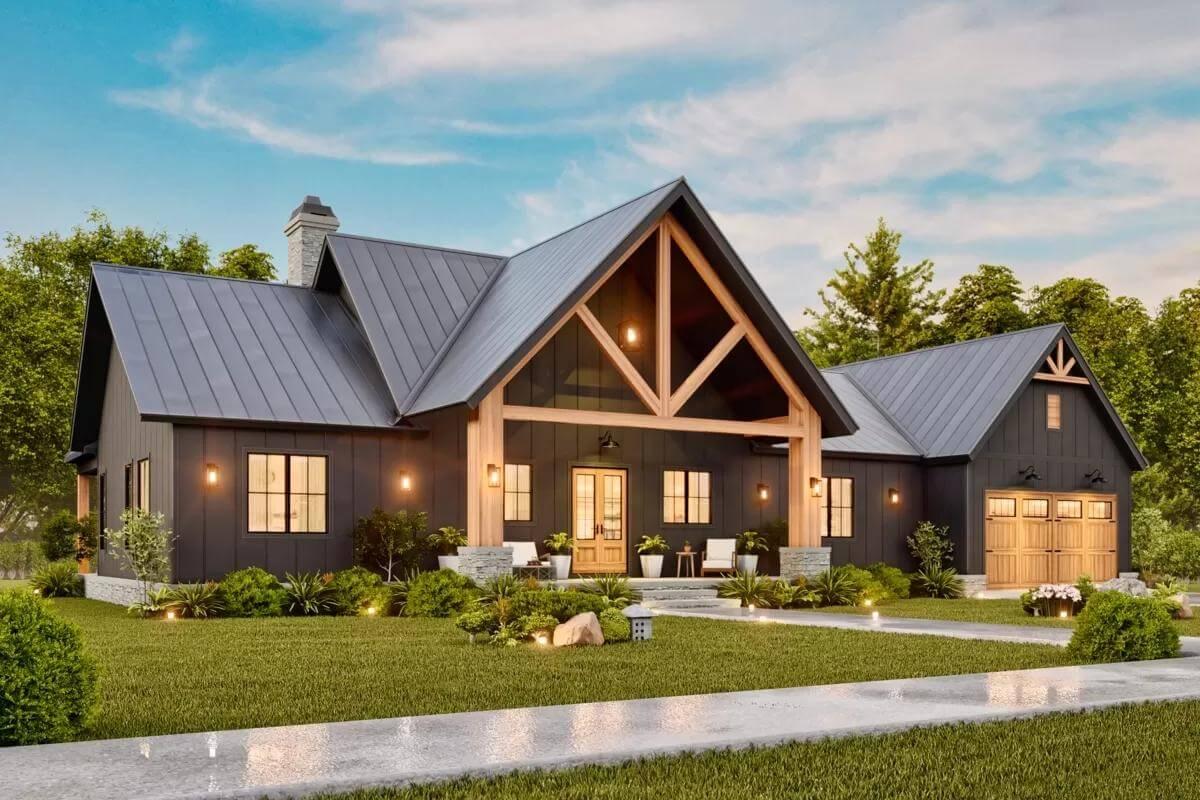 Modern Craftsman Facade Featuring Bold Wooden Trusses