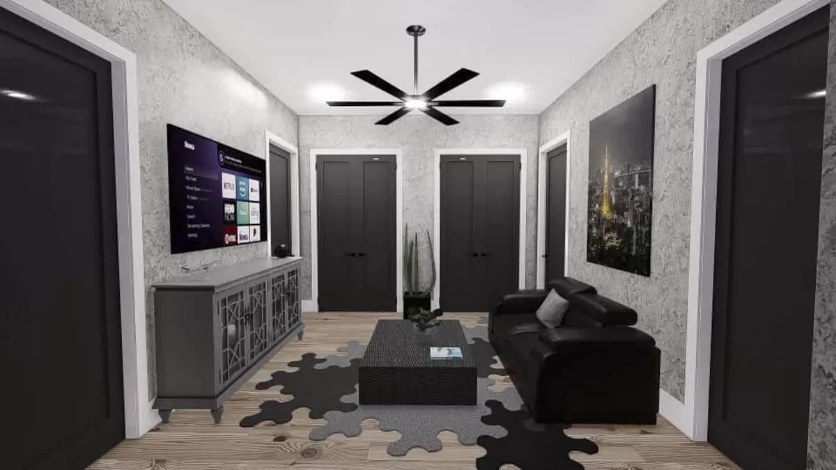 Sleek Media Room with Puzzle Piece Rug and Textured Walls