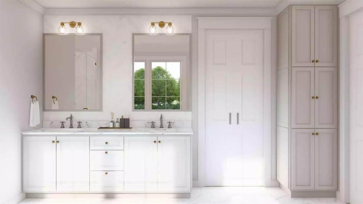 Elegant Bathroom with Brass Accents and Ample Storage