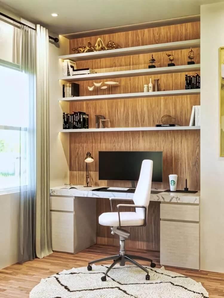 Stylish Home Office with Open Shelving and Cozy Details