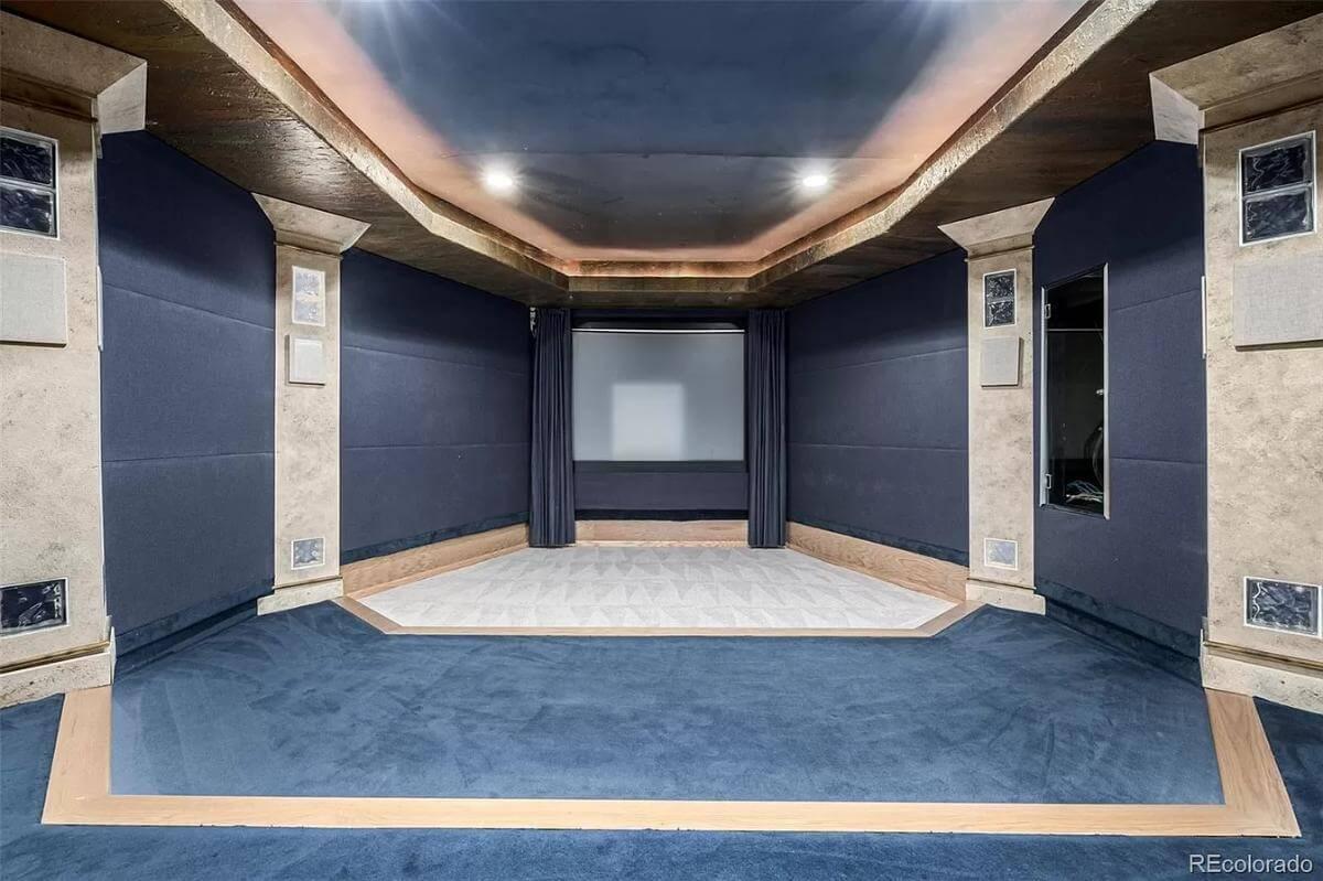 Home Theater with Acoustic Panels and Elevated Seating