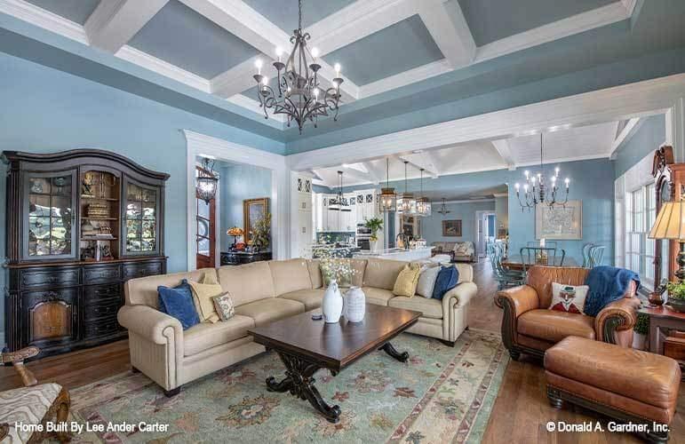 Expansive Living Room with a Stunning Coffered Ceiling and Classic Touches