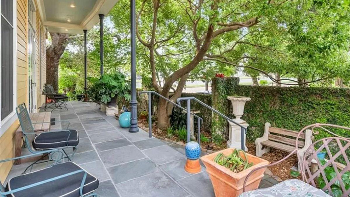 Notice the Shady Southern Porch with Elegant Stone Flooring