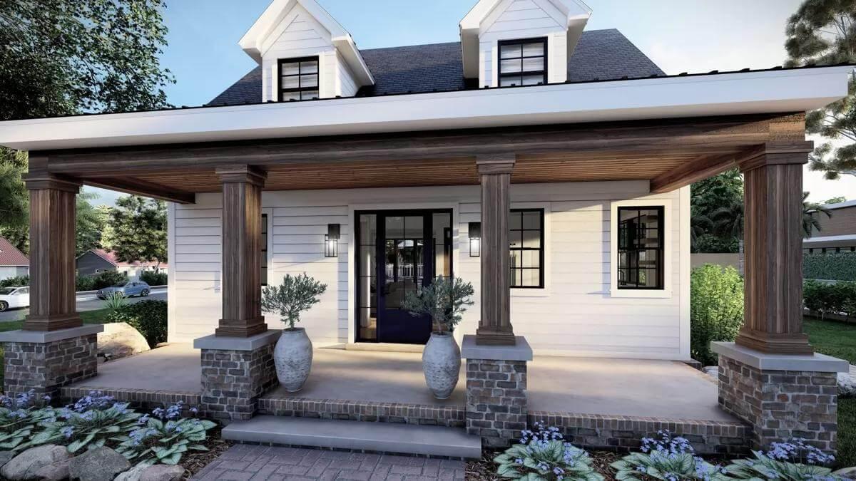 Charming Porch with Dormer Touches and Robust Pillars