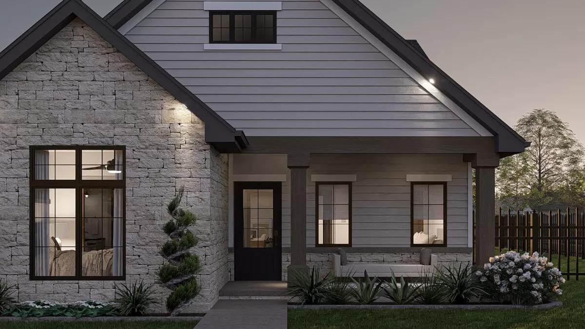Craftsman Porch with Stone Details and Neat Landscaping