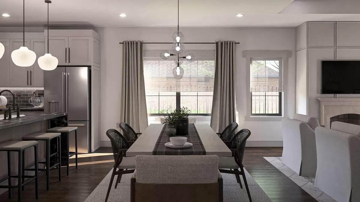 Check Out the Minimalist Lighting in This Open Dining and Kitchen Space