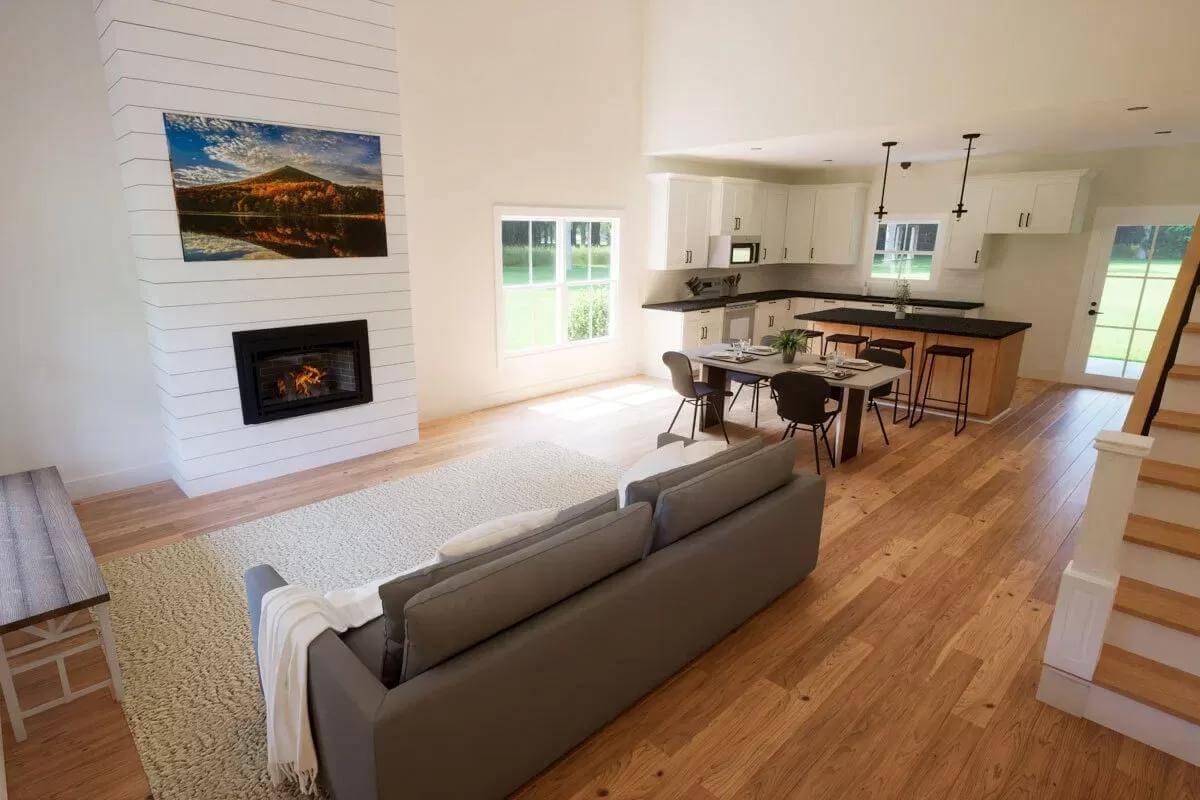 Modern Farmhouse Living: Open Layout with a Striking Fireplace Feature
