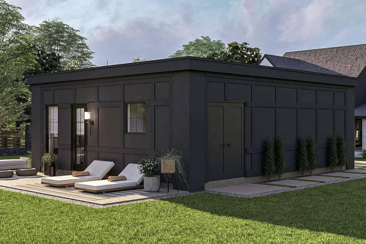 Striking Modern Studio with Dark Paneling and Outdoor Loungers