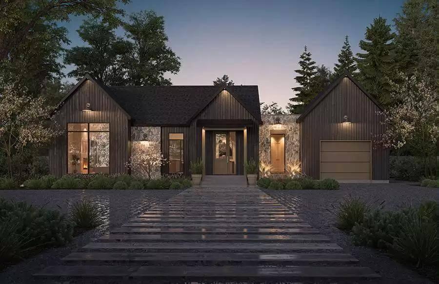Modern Farmhouse with Striking Wood and Stone Facade