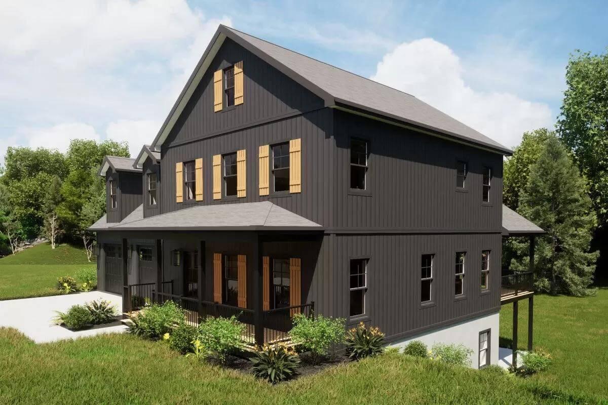 Notice the Sleek Charcoal Facade with Warm Wooden Shutters