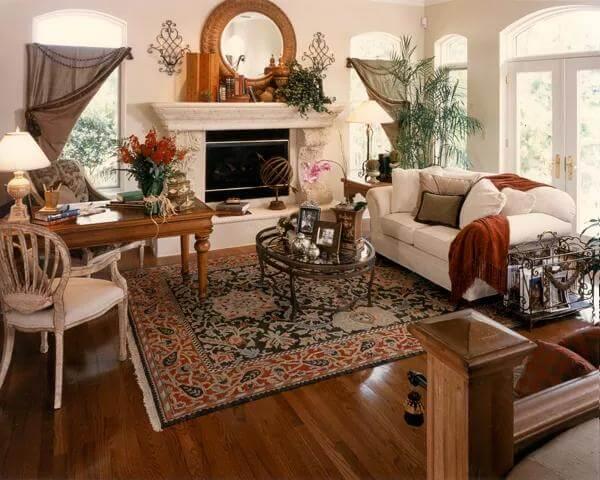 Classic Living Room with Ornate Fireplace and Vintage Accents