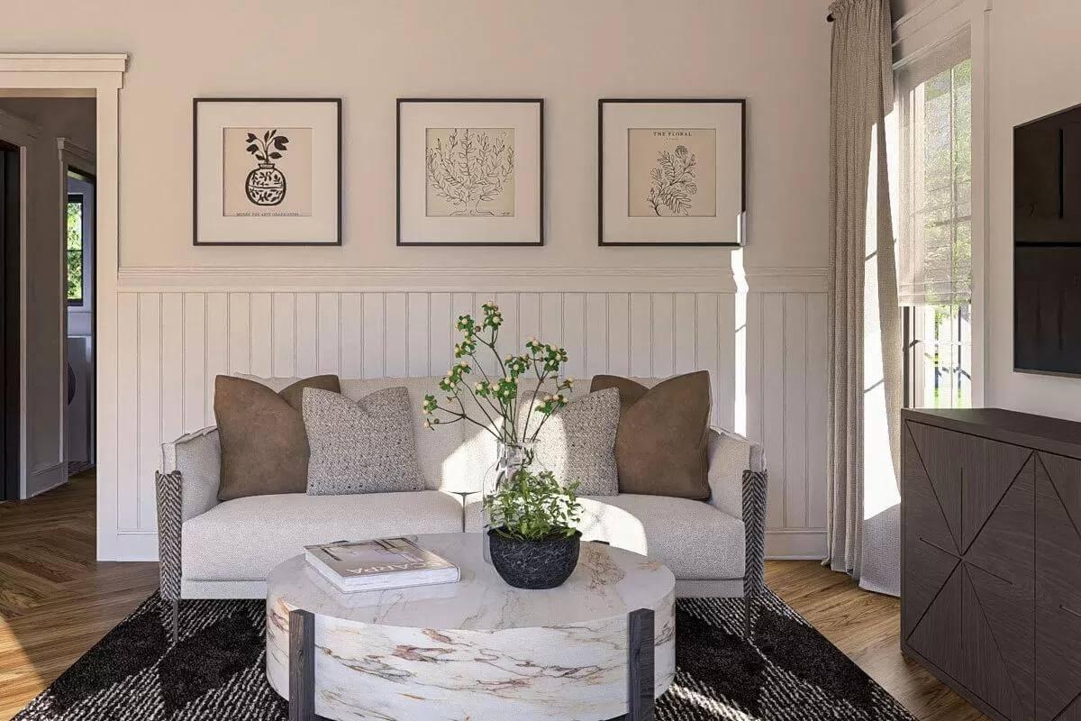 Charming Living Room with Wainscoting and Botanical Art