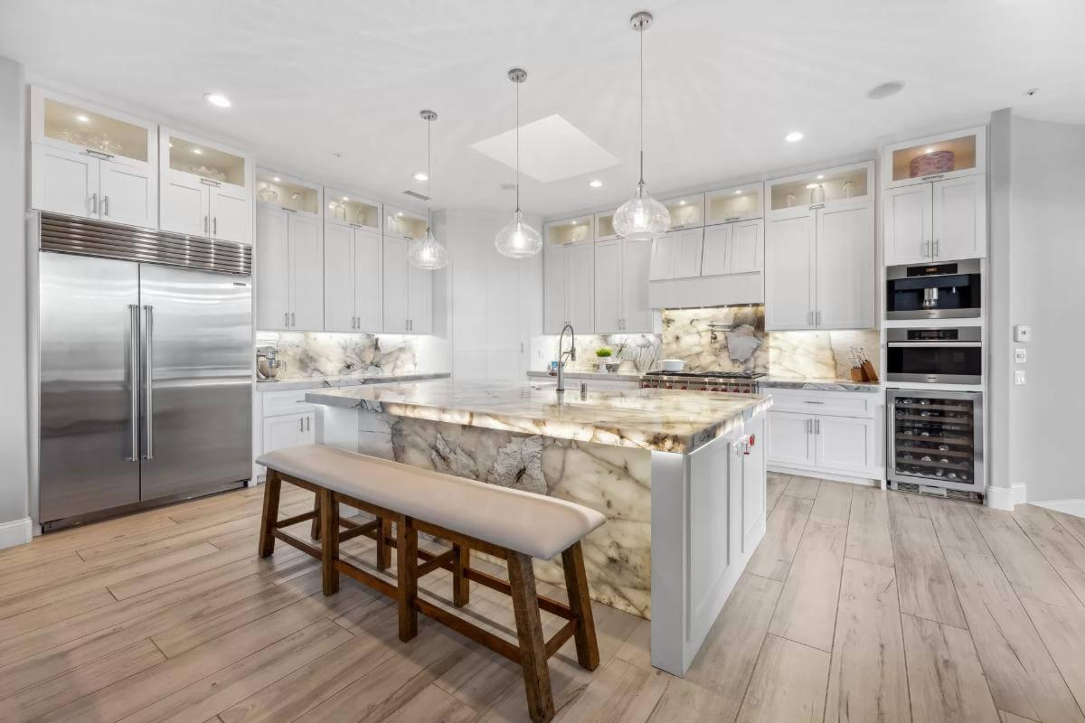 Wow, Notice the Striking Marble Island in This Modern Kitchen