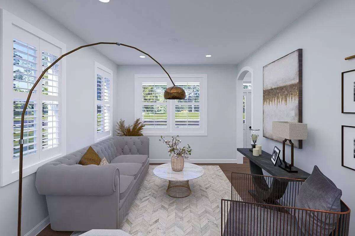 Stylish Living Room with an Elegant Arch Lamp and Textured Rug