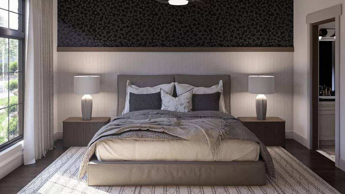 Dark Floral Wallpaper Adds Drama to This Serene Bedroom